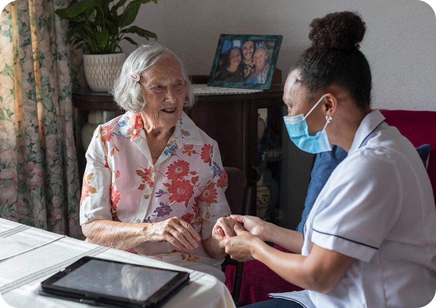 Carer supporting an elderly person during a home visit