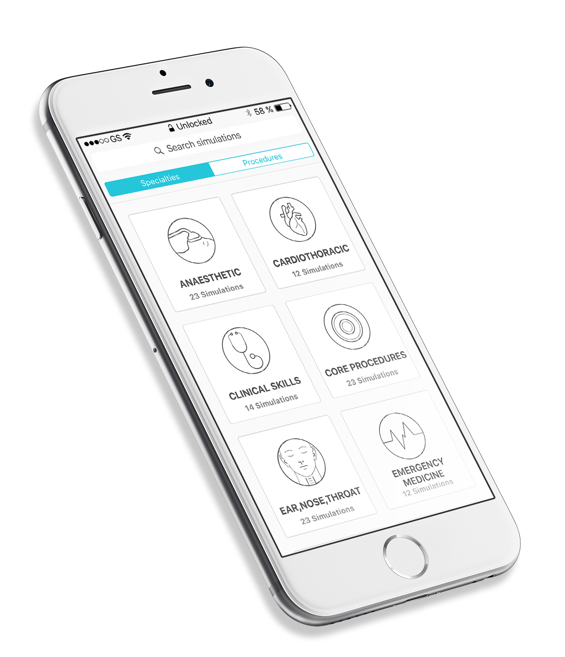 Touch Surgery app showing surgical specialties library on iPhone