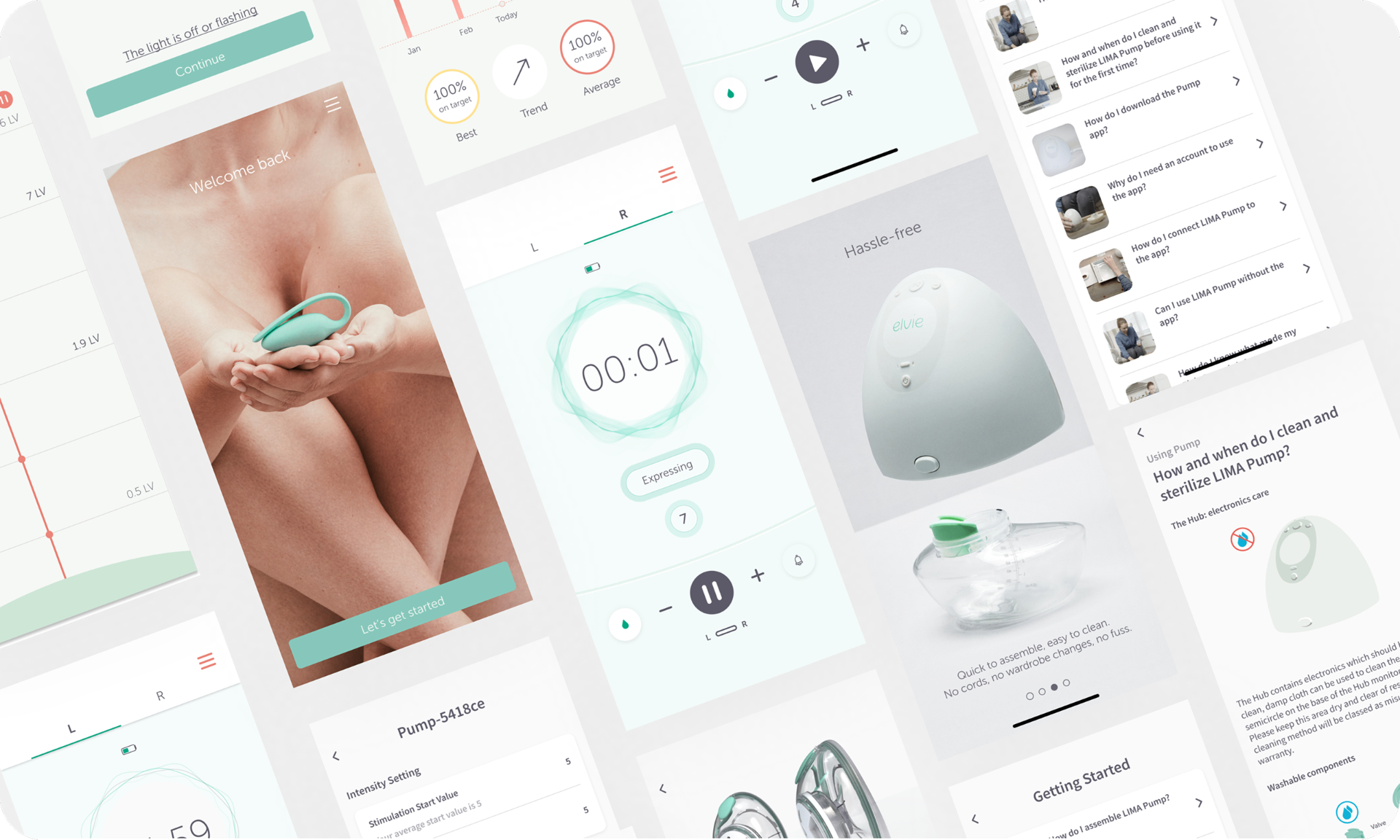 Elvie breast pump and pelvic floor trainer app screens